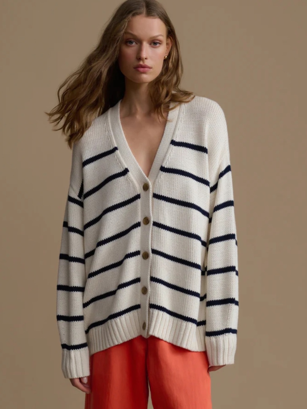 Jenni Kayne Cream and Navy Striped V-Neck Button Cardigan
